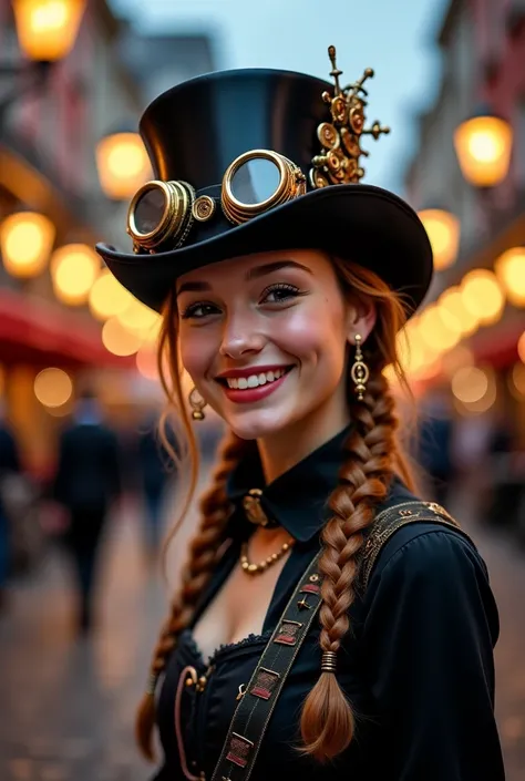 A young woman in steampunk style smiles in a vintage European city setting. She wears a black outfit with gold details, a top hat adorned with gears and decorative elements, and round goggles with metallic accents. Her hair is braided. The atmosphere is wa...