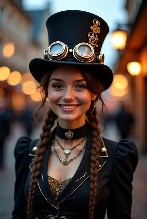 A young woman in steampunk style smiles in a vintage European city setting. She wears a black outfit with gold details, a top hat adorned with gears and decorative elements, and round goggles with metallic accents. Her hair is braided. The atmosphere is wa...