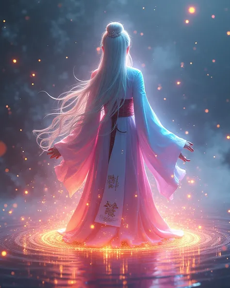 Serena landscape , glowing rainbow aura around body , glowing star dust , glowing water , Taoist uniform , xianxia, georgeos taoist uniform ,  white extra long hair, ancient accessories, glowing mantras, divine, ancient magic, Celestial runes, Celestial ma...