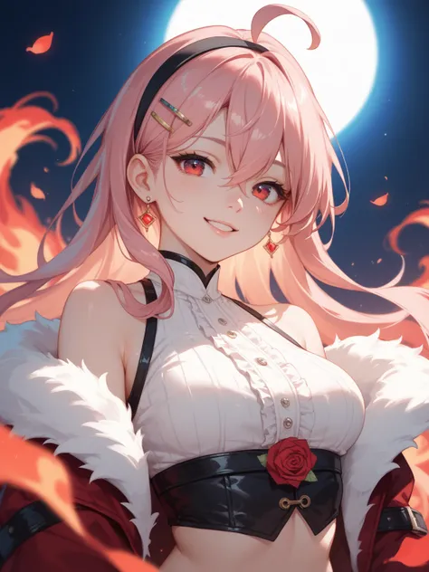 A close-up of a female character, featuring long, silky white-pink long hair, accented by a black hairband. She has striking red eyes and a soft expression smile, with ahoge hair between her eyes. Her outfit includes a sleeveless shirt, a fur-trimmed jacke...