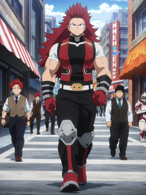 (masterpiece, best quality, anime, anime coloring:1.3, superhigh res). ((red hair, full armor, sentai hero, muscular man long hair, pants, vest, mantea, black cloths, full body, walking, portrait)). Big city avenue background, colorfull.
My Hero Academia ...