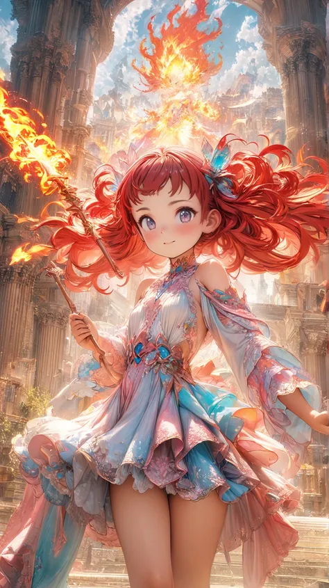  top quality, Super Fine, 8k,  extremely absurd, very well detailed , 2.5D,  Beautiful Fire Spirit, sparks, Rising Pillar of Fire ,  sunshine,  pop art,  delicate and dynamic,  Pastel Fantasy,   red hair ,  mash hair,   pees on a very young  ,  Tiny Breast...