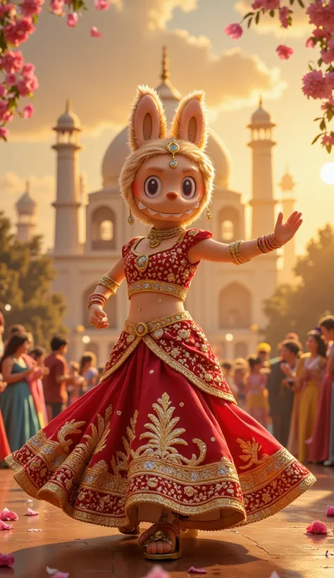 A highly detailed, cinematic digital painting of Labubu dressed as a Bollywood dancer, wearing a vibrant red and gold lehenga with intricate embroidery, adorned with traditional Indian jewelry, including bangles and a maang tikka. Labubu is captured mid-da...