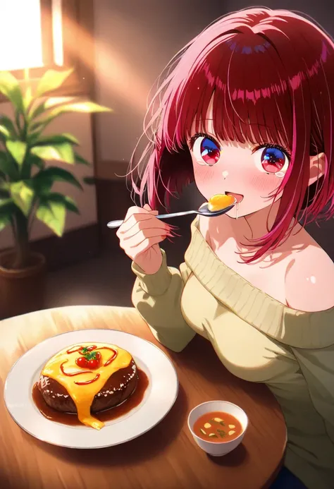  1girl , Arima Kana, oshi no ko, Alone, looking at viewer, facing viewer, incoming food, blush, smile, table, spoon, holding spoon, film grain, food, fork, green sweater, hamburger steak, medium hair, off shoulder, off-shoulder sweater, omelet, red eyes, r...