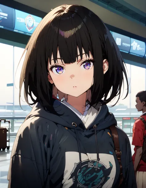 Takiuchikami, check it out, long short hair , bob cut, bangs, black hair, purple eyes,Medium breast,Blue oversized hoodie , white long skirt, Bbo~, suitcases, standing,whole bodyがイラストに入る入るように,
break indoors,airport,lobby,
break looking at viewer,whole...