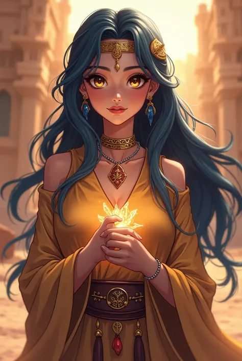  "4K anime style quality, digital drawing mode, Arabian Nights-themed anime female character, long wavy midnight blue hair with golden threads, mystical amber eyes, wearing a flowing desert robe adorned with ancient symbols, holding a glowing ancient scrol...