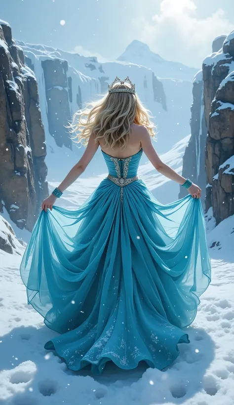 She, blonde with green eyes and big round booty and big breasts 3 sizes, в платье ice queen. Scene: Ice bridge over the precipice , snowstorm in the distance . Outside: She стоит в центре, arms outstretched , The dress flutters in the wind . camera: ...