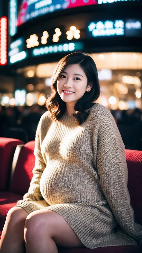 masterpiece, Best Quality, 8K,looking at the viewer,Japanese Lady,20 years old, huge pregnant, Voluptuous, cinema background, sweater dress, coats, sitting, smile