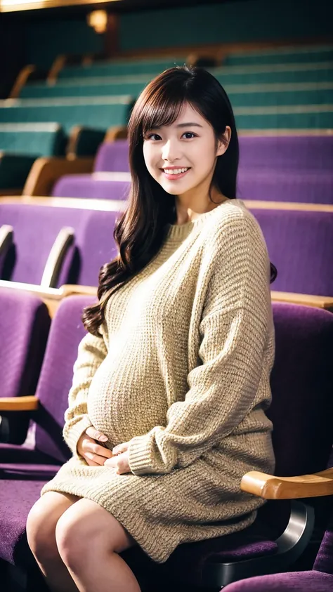 masterpiece, Best Quality, 8K,looking at the viewer,Japanese Lady,20 years old, huge pregnant, Voluptuous, cinema background, sweater dress, coats, sitting, smile