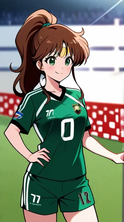 obra maestra, mejor calidad, 1 girl, LONg hair, Brown hair, green eyes, ponytail hairstyle, MEdium boobs, hair accessory, Kino Makoto, smile, soccer uniform, green uniform, number 4 printed in clothes, sport shorts, stadium background, soccer shoes, playin...