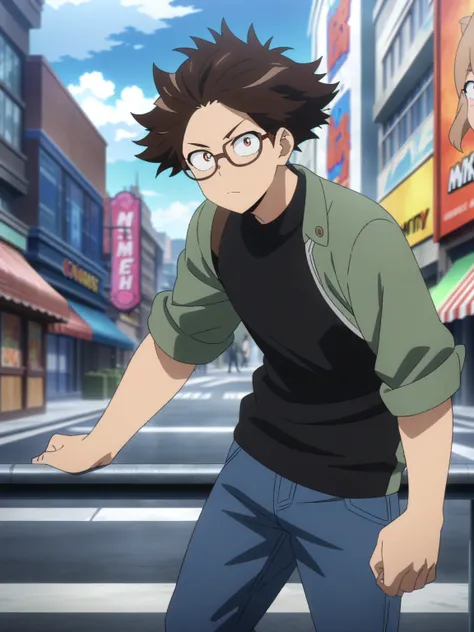 (masterpiece, best quality, anime, anime coloring:1.3, superhigh res). ((Guy with brown hair and brown glasses, green suitcoat with rolled up sleeves, black shirt, blue jeans, combover haircut)). Big city avenue background, colorfull.

My Hero Academia cha...