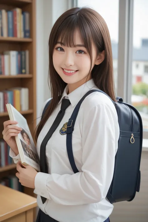 18-year-old asian girl, fair skin, natural and realistic, long straight dark brown hair, thin bangs, big round eyes, dark brown eyes,

She is wearing a student uniform, white shirt, a black necktie, backpack

Her pose, standing, smile, happy, smile eye, ho...