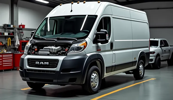 “Create a high-resolution image of a RAM ProMaster van with its engine visible, showcasing the intricate details of the engine bay. The van should be positioned in a well-lit workshop or garage setting, with the hood open to reveal the engine components, i...