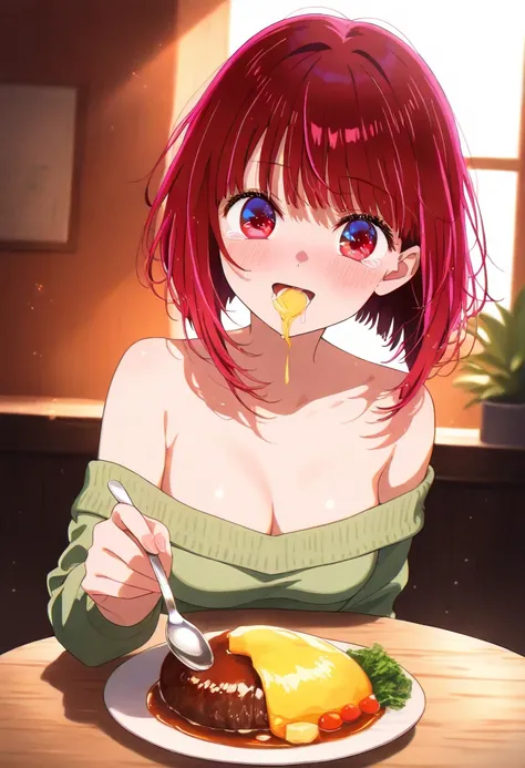   1girl  , Arima Kana, oshi no ko, alone, looking at viewer, facing viewer, incoming food, blush, smile, table, spoon, holding spoon, film grain, food, fork, green sweater, hamburger steak, medium hair, off shoulder, off-shoulder sweater, omelet, red eyes,...