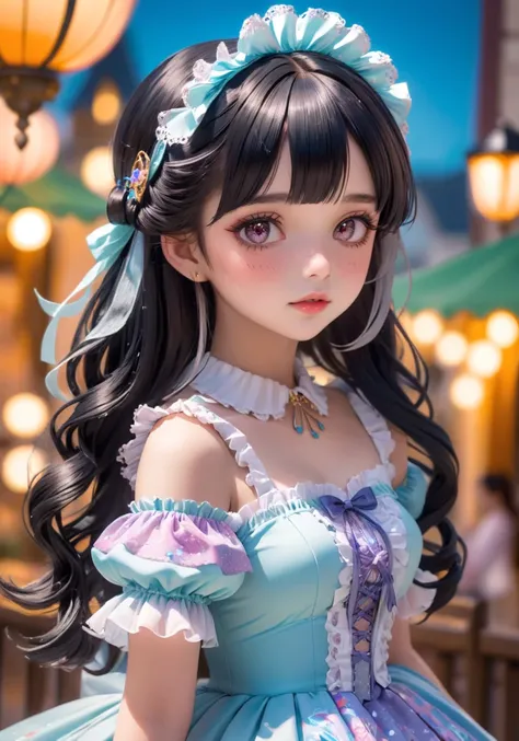  Hi-Res,  top quality, A girl around 18 years old,  1 girl, Fairy Girl ,  Lolita Fashion、 Lolita Dress 、Princess、princess,  ,black hair blurry background, ,  Partial Updo , colorful、 Deep Compositing,  ,  long hair,, , レース Lolita Dress ,  Lolita Fashion、Al...