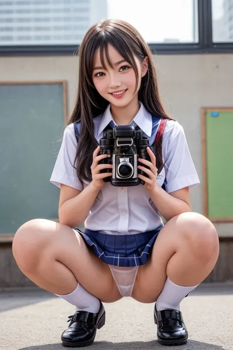 One female, 20 years old,((school uniform:1.5)),(big tits: 1.2), dark hair, hair above shoulder level,smile,long skirt,White see-through panties, panties visible, crouching, squatting, spread legs,((hold camera front of face:1.5)),((camera with both hands:...