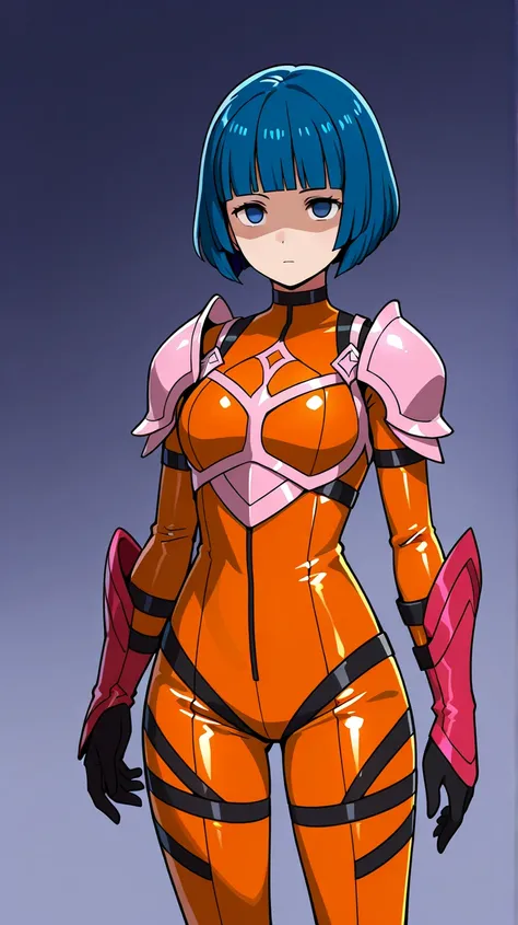 Kris (fire emblem),neutral, expressionless, standing, looking at viewer, (((blunt cut, bob, blunt bangs, bob cut))), wiry, gloves, choker, orange bodysuit, pink shoulder,cowboy shot,Shaded face, rolling eyes, no pupils, 1girl, solo, navy blue hair, blue ey...