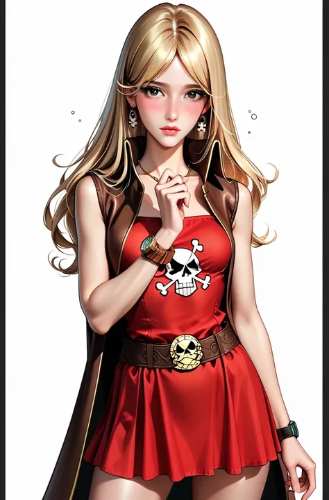 NSFW,(It's 1 ),(SEXY QUEEN Emeraldas _),( slender body),( sad),real skin ,small breasts,  blonde, skull hair ornament, Super Detailed Black Eyes, lean in,( brown leather pirate buckle belt:1.3),(Watch on wrist:1.5),(red_sleeveless super mini dress:1.2),( F...