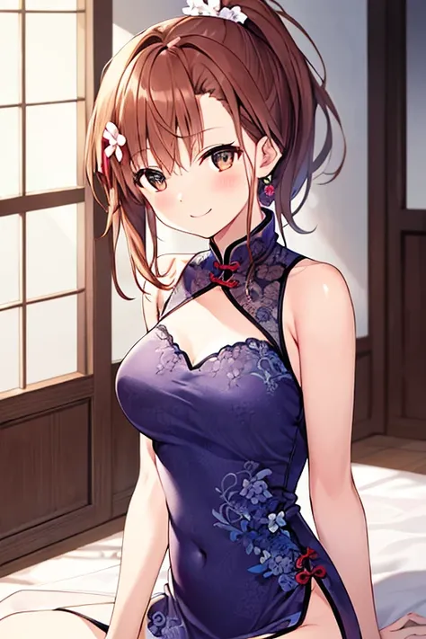 {{{ Masterpiece}}}, {{{ top quality}}}, {{ super detailed}}, { illustrations}, {{ very delicate and beautiful}}  top quality Mikoto Misaka Ponytail hair brown hair hair,Flower's Seductive Smile Absurdres , Masterpiece, top quality,Great Quality Brown Eyes ...