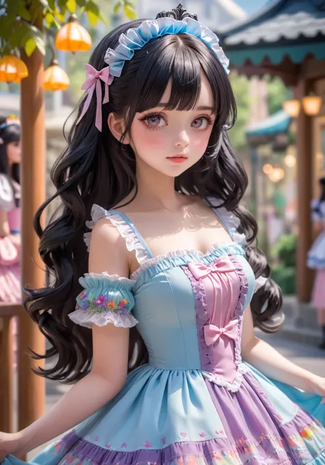  Hi-Res,  top quality, A girl around 18 years old,  1 girl, Fairy Girl ,  Lolita Fashion、 Lolita Dress 、Princess、princess,  ,black hair blurry background, ,  Partial Updo , colorful、 Deep Compositing,  ,  long hair,, , レース Lolita Dress ,  Lolita Fashion、Al...