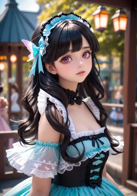  Hi-Res,  top quality, A girl around 18 years old,  1 girl, Fairy Girl ,  Lolita Fashion、 Lolita Dress 、Princess、princess,  ,black hair blurry background, ,  Partial Updo , colorful、 Deep Compositing,  ,  long hair,, , レース Lolita Dress ,  Lolita Fashion、Al...