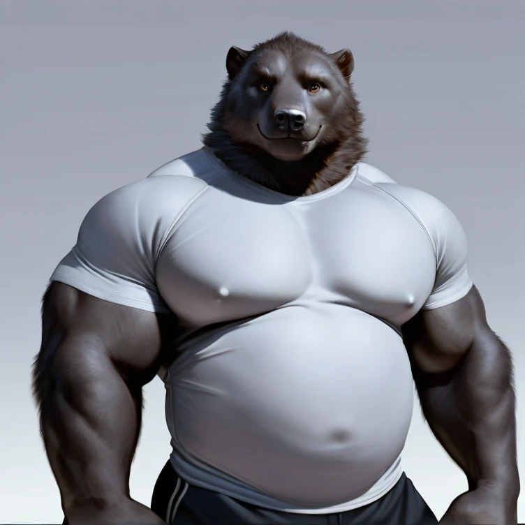 Honey Badger, fur, male, detailed fur, tail, looking at viewer, confident smile, chubby, huge pecs:1.5, biceps, shirt covered nipples, big muscles, big butt, standing, solo, ((wearing a gray shirt, black track pants)), (front view: 1.8), gray background, i...