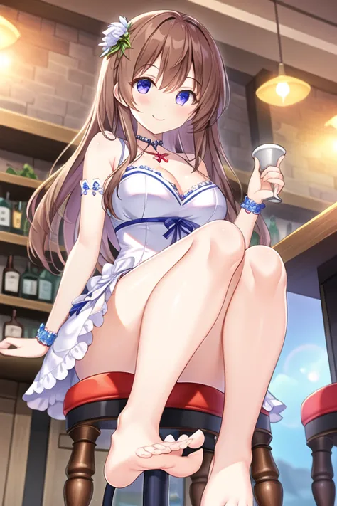 one girl, chest,  brown hair,  smile,  bar stool, from below, looking at viewer,  dress, (toes), foot focus,bare foot, ( intricate iris detail)