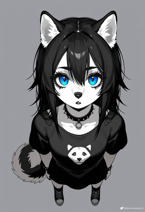  alone, score_9,score_8_above,score_7_above, source_ hair,  dog, Anthro  hair  dog girl, adult woman,  black hair,  Gothic style hair,  husky  markings, Siberian  husky ,  husky , anthro  husky  girl, 1.3,  Gothic make above, talk,  gray and white fur ,  w...