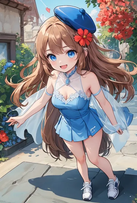 1 girl,   long hair, (  Brown hair1 .2), ( blue hair0 .6),  blue eyes,  pretty face,   looking at the camera,  (( big red flower on the head)), gorra white with blue, ((gorra white)), [[blue cap]]   blue dress   ((  blue shirt )), [[  white ]], heart type ...