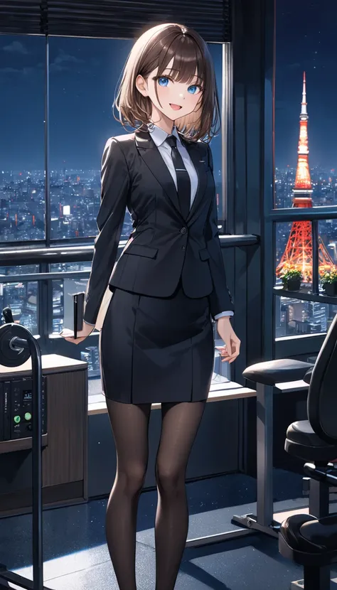  Masterpiece,  top quality,   thin legs,   beautiful details  , fine texture,  fine skin,   in the seat,   expressive blue eyes ,   Tiny Breasts ,   brown hair at the gym,  bangs, smile, ,  open your mouth, Office Style、 black suit,  black pencil skirt, (m...