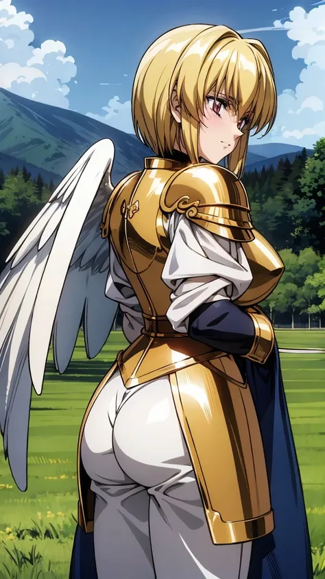 woman in her 20s、1 person、angelic、There are large white wings on the back、Has 6 wings、Swan wings、With a round face、round chin、Close-up of a woman in armor with a sword, Armor girl, female knight, big and full breasts、full armor, full armor, gorgeous female...