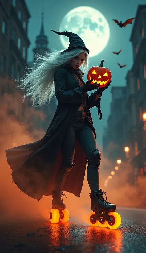 Sorcerer with long white hair, Pumpkin in her hand ,  using inline skates with glowing luminous wheels, gloves and knee pads , Full Moon Church, pumpkins, realistic bats,  moving at speed in the city at night,  Orange smoke