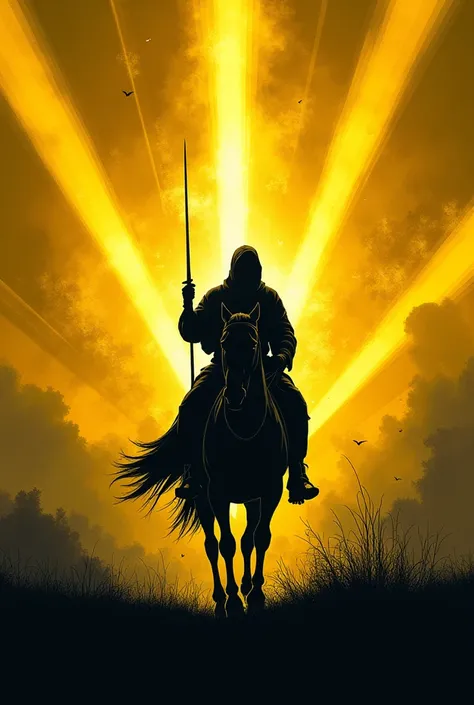 Creating visual art to put on a retreat t-shirt about the biblical wars with the color yellow and black places strong rays in an impactful way, highlighting a rider on a horse with the logo “Chazak -”