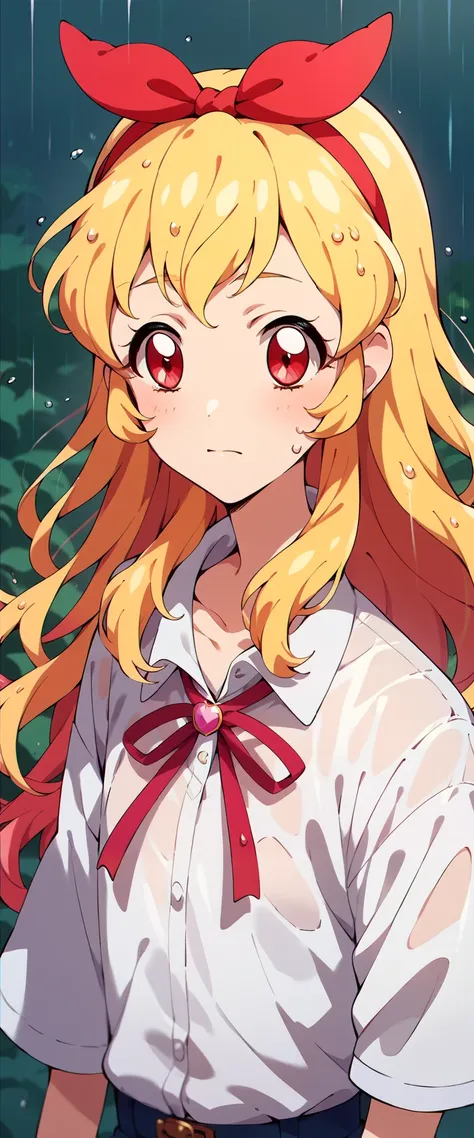  anime girl with red eyes and blond hair in the rain, Aikatsu's official illustration ，red ribbon headband， white shirt ，16k works， no background（White）， very detailed face， top quality