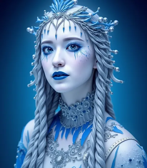 the image is a cgi rendering of a white-skinned woman with strikingly blue eyes, long silver braided hair, and intricate makeup including black tear-like streaks, she wears a blue and silver decorative headdress with dangling pearls and a matching outfit, ...