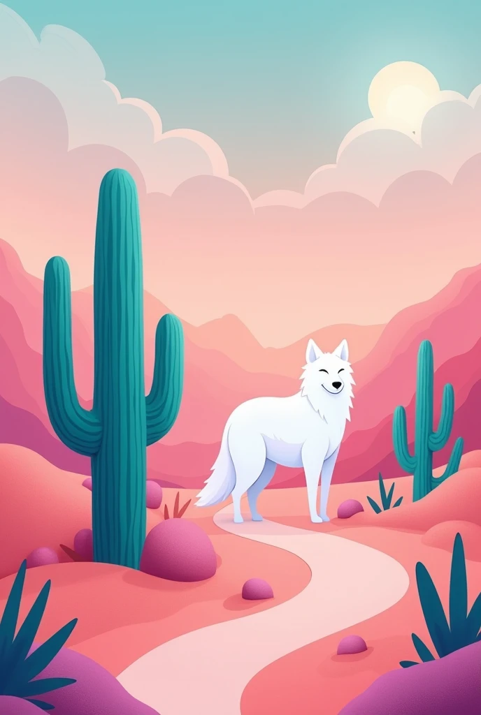 From the picture above let's make the figure simpler, brighter,  cactus a little lower, The wolf is a little whiter.