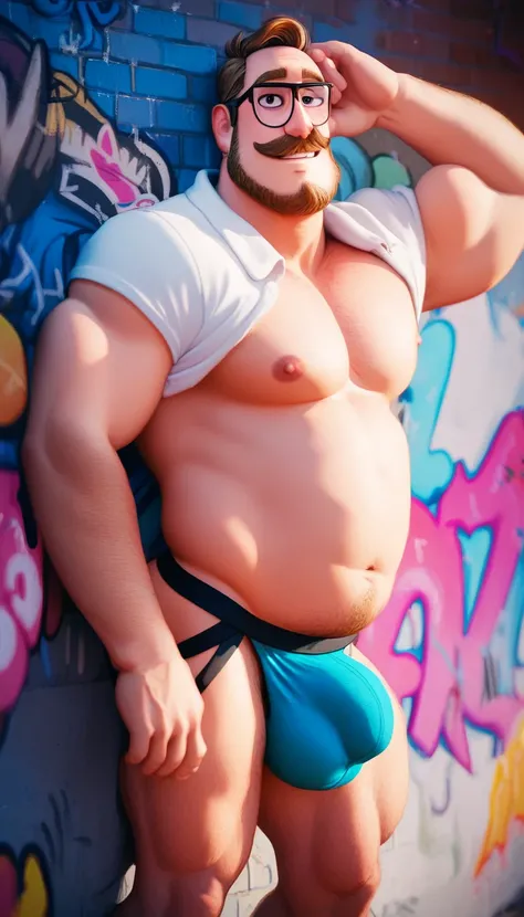 Rick Mitchell, dark blonde hair, dark eyes, facial hair, beard, moustache, stubble, glasses, chubby,posing for a streetwear fashion photoshoot in front of a vibrant, graffiti-covered wall in jockstrap big bulge