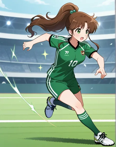 obra maestra, mejor calidad, 1 girl, LONg hair, Brown hair, green eyes, ponytail hairstyle, Kino Makoto, hair accessory, medium boobs, full body, soccer uniform, green clothes, soccer shoes, runing, playing soccer, soccer ball, stadium background