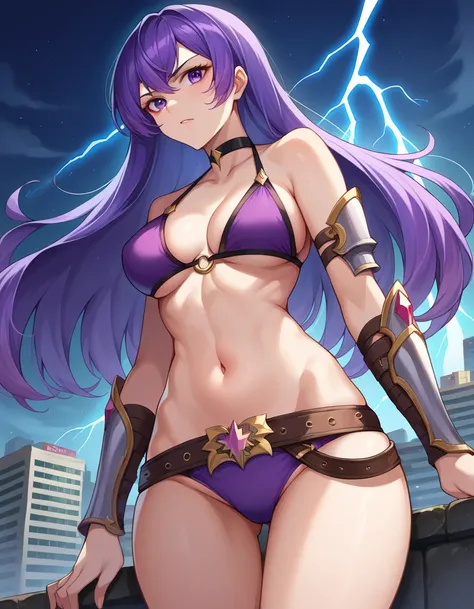  score_9,  score_8_ up the side,  score_7_ up the side,  source_Anime,
Lightning, Lightning,  split bangs,   purple eyes,  purple hair,  long hair,  Princess cut, amount,  adult woman,
 arm guard, armor, belt,  bikini,  choker, clavicle, belly button, purp...