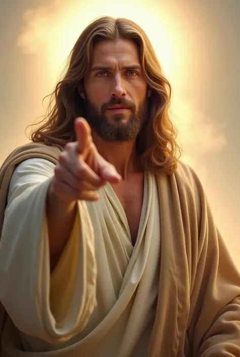 Ultra-realistic 8K image of Jesus Christ with long hair and a beard, wearing a flowing white tunic with a soft earth-toned mantle. He is standing or sitting while pointing directly at the viewer with his index finger, his eyes filled with compassion and wi...