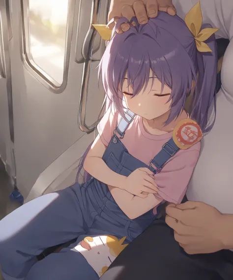 very awa, masterpiece, best quality, newest,  highres, absurdres、 There is only one 、Renge Miyauchi 、Renge Miyauchi 　No No Biyori、 purple hair、 inside train、 standing、The sun shines in、overalls、 Sitting、 sleeping、One fat man 、 man is stroking a girl's head...