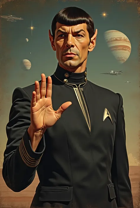 " An illustration in the style of an ancient classical painting depicting Spock, the star trek,  with a futuristic retro look inspired by space .  He wears an elegant and detailed costume with influences of the futurism of the 60s,  composed of a fitted co...