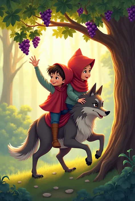 The following is used to generate descriptions「A wolf riding on the shoulders of Little Red Riding Hood，Raise your right hand to pick grapes from the tree（Card ventilation）」Detailed tips for the image（prompts）：

---

**Prompt (Chinese):**  
A wolf riding o...