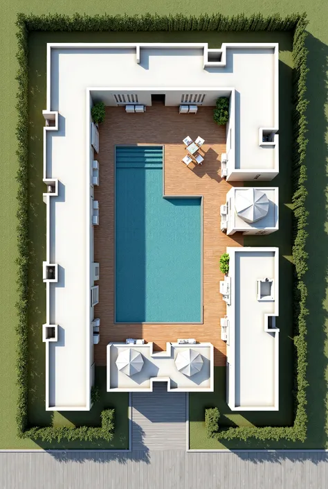  An architectural plan developed on a plot of 16 x 36 meters, , consisting of 4 independent studios . And a common area, a large barbecue and a swimming pool 