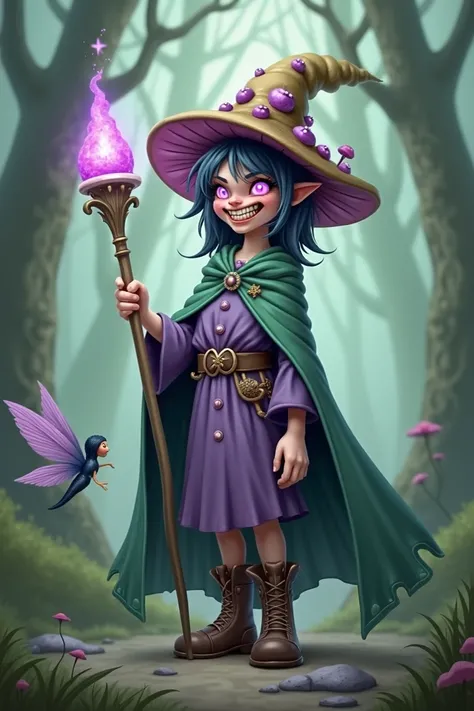 Mushroom gnome girl, very short, crazy evil smile, wearing mushroom crystal hat, holding staff, magic, purple glowing eyes, purple cape. purple clothes. tiny fairy friend