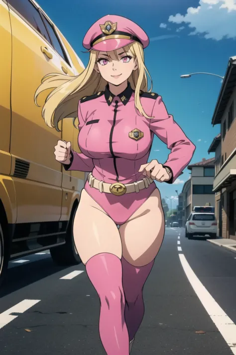 Selene, ftselenecas, long hair, blonde hair, pink eyes, mature female, large breasts, BCop, belt, policewoman, leotard, police hat, peaked cap, calm smile, running