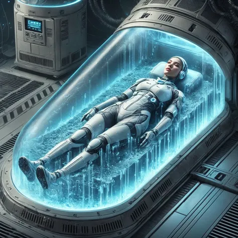 futuristic illustration of a woman in a space suit laying in a glass container, cryogenic pods, sci-fi illustrations, sci - fi illustrations, detailed sci-fi art, sci-fi illustration, sci - fi illustration, greg beeple, sci fi artwork, sci fi art, sci-fi a...