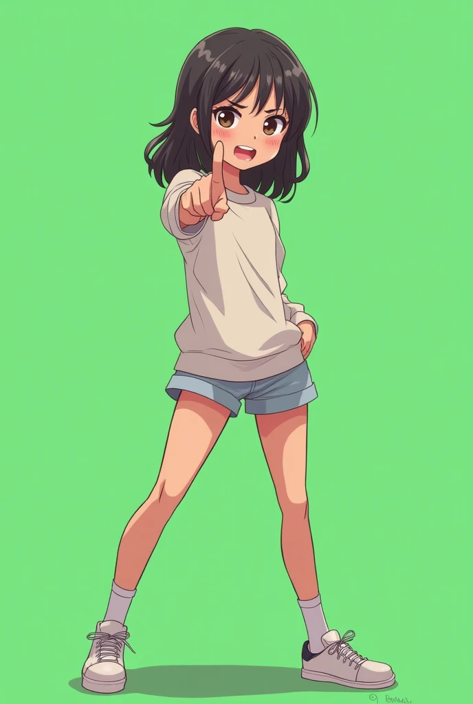  girl, anime, (Minimalism), (very thick line), (clean paint), (soft contrasting shadows), (sharp harmonious shadows), ( full length), (legs wider than shoulders), (clearly pointing the finger at the viewer), sustainably, offended, dissatisfied, (open mouth...