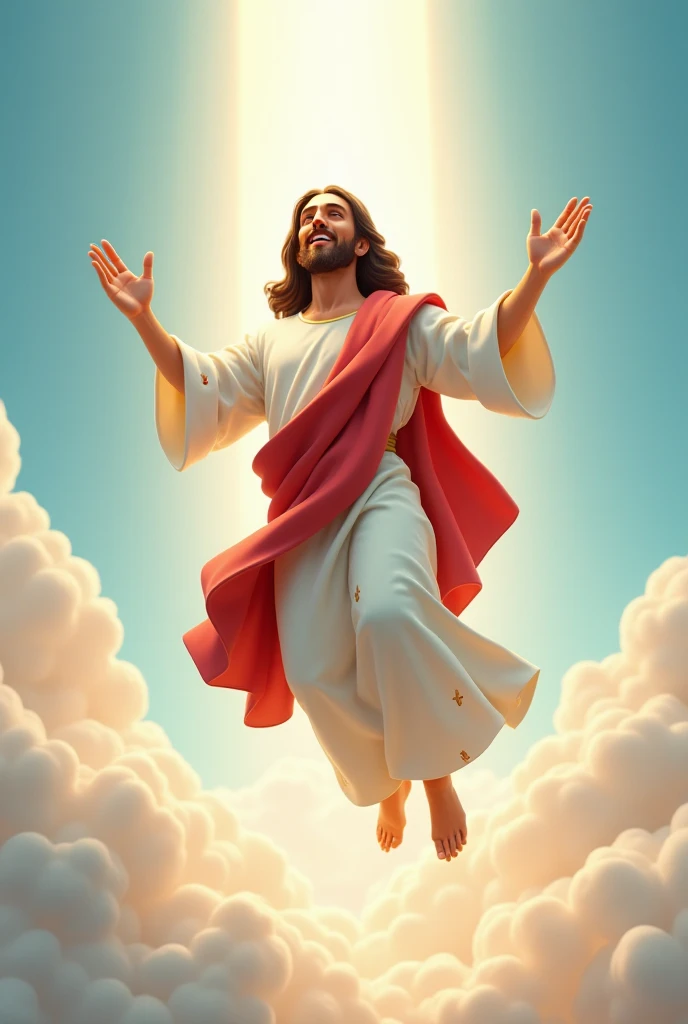 3D cartoon resurrected Jesus Christ ascending to heaven looking forward, with the white tunic and red cloak, with nail wounds in his hands and feet