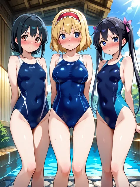 nsfw, three girls, naked embarrassed Alice Margatroid and two surprise black hair faceless girls wearing swimsuits, Public bath